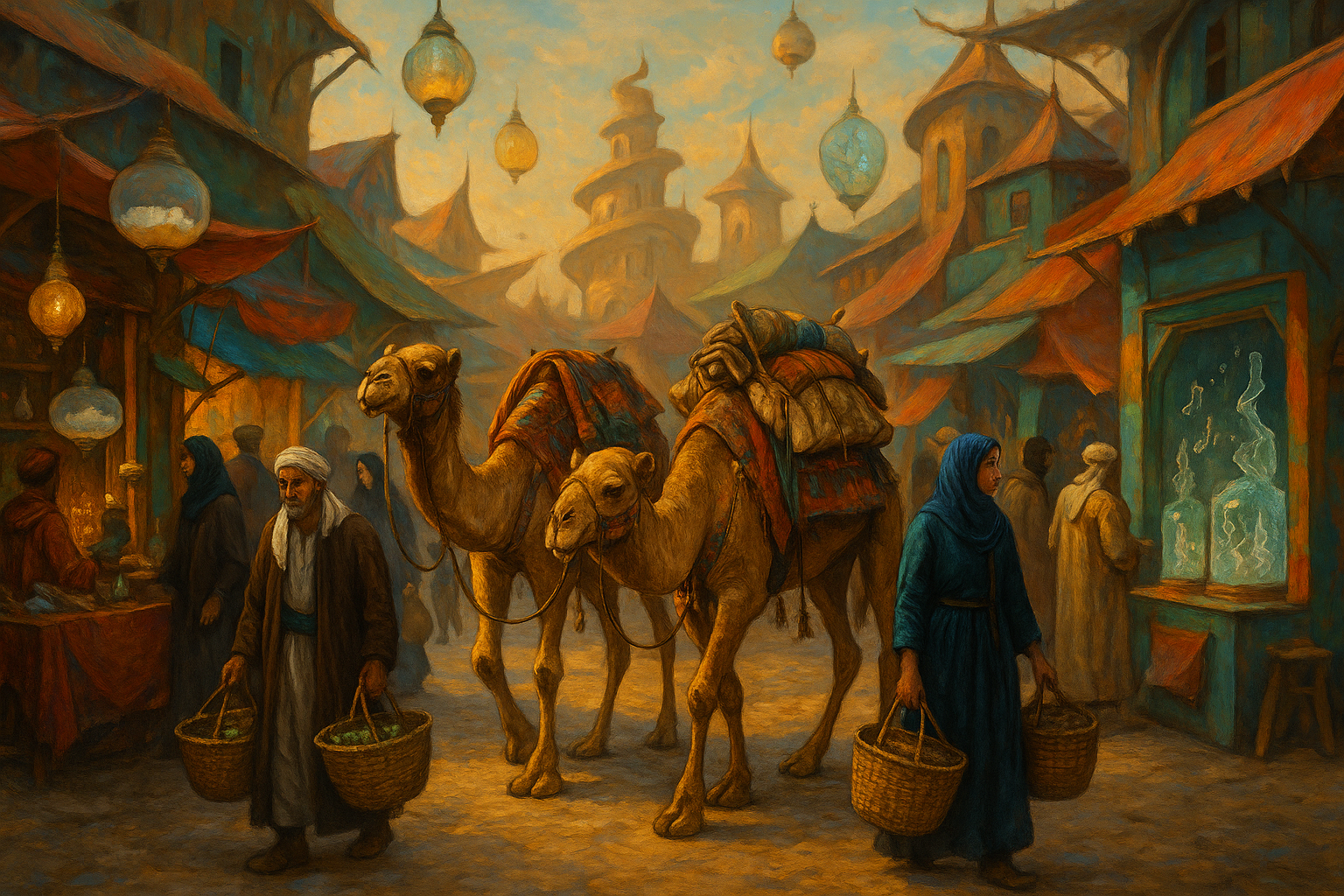 realistic shopping with camels in a bizzare